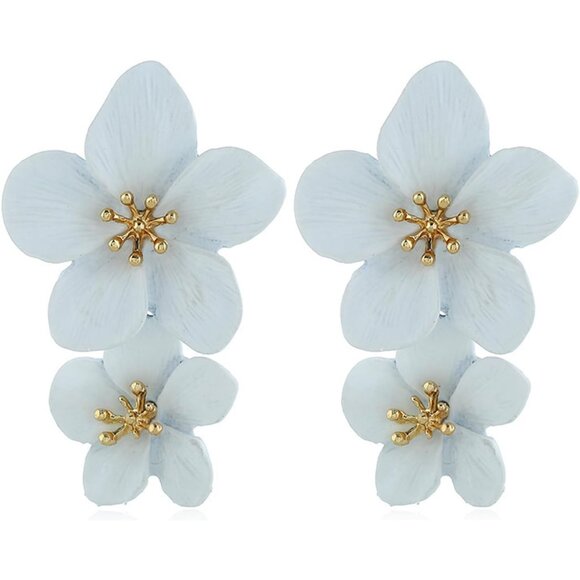 Women's White Elegant Double Flowers Dangle Layered Floral Petal Drop Earring - Picture 1 of 6